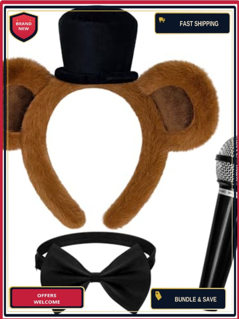 Plush Bear Ears Headband Bowtie Microphone Prop Costume Accessory Set